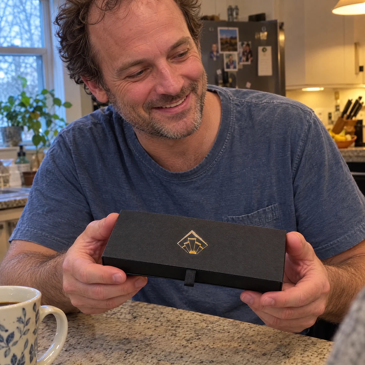 Man showing the closed Twosome Cards box at his kitchen counter.