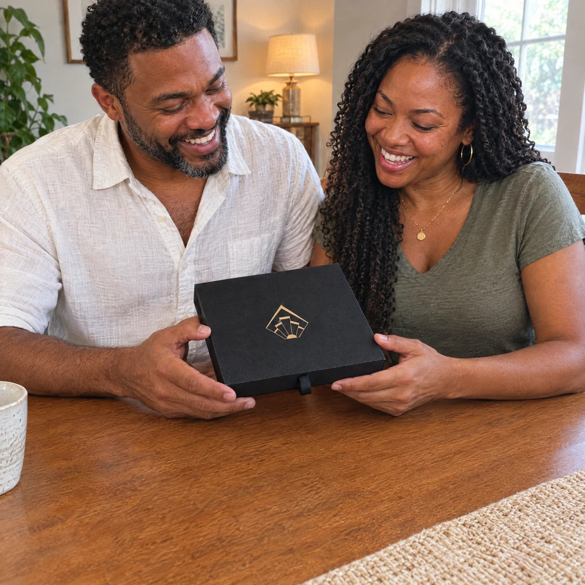 Couple holding the closed Twosome Poster carry box at a dining table.