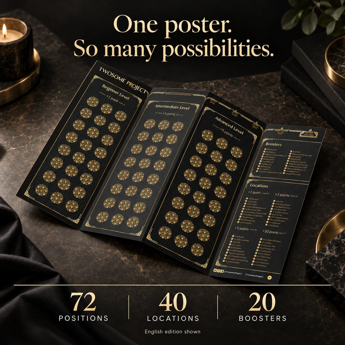One poster. So many possibilities. 72 positions, 40 locations and 20 boosters. Folded black and gold Twosome Poster, English edition shown.