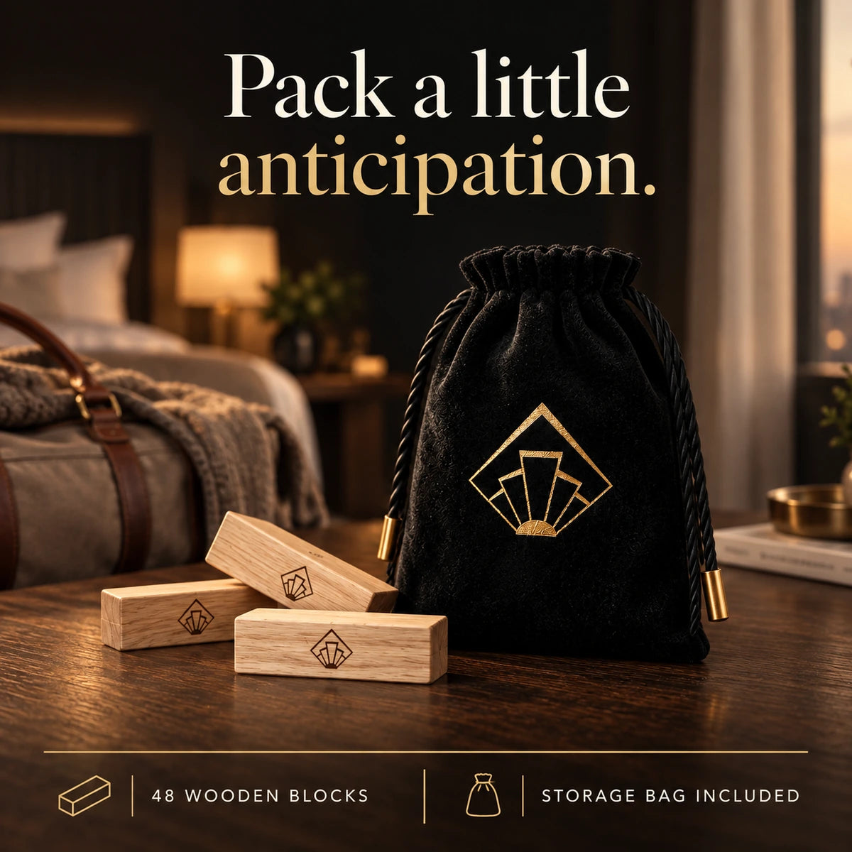 Pack a little anticipation. 48 wooden blocks. Storage bag included. The Tease Tower black drawstring bag with wooden blocks.